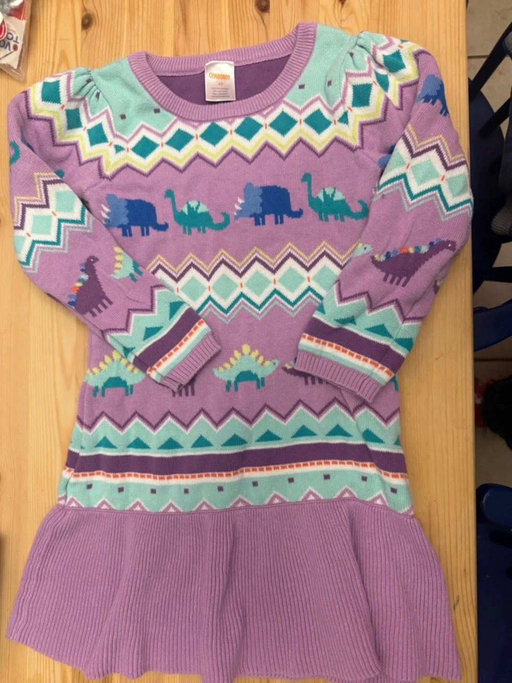 Gymboree 4T cotton dinosaur intarsia fair isle sweater dress EUC